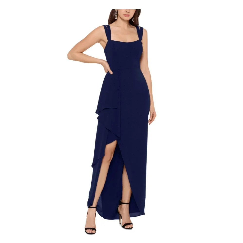 XSCAPE Navy Blue Ruched Crepe Gown NWT‎ Sz 14 Square Neck Hi-Lo Slit Formal Prom